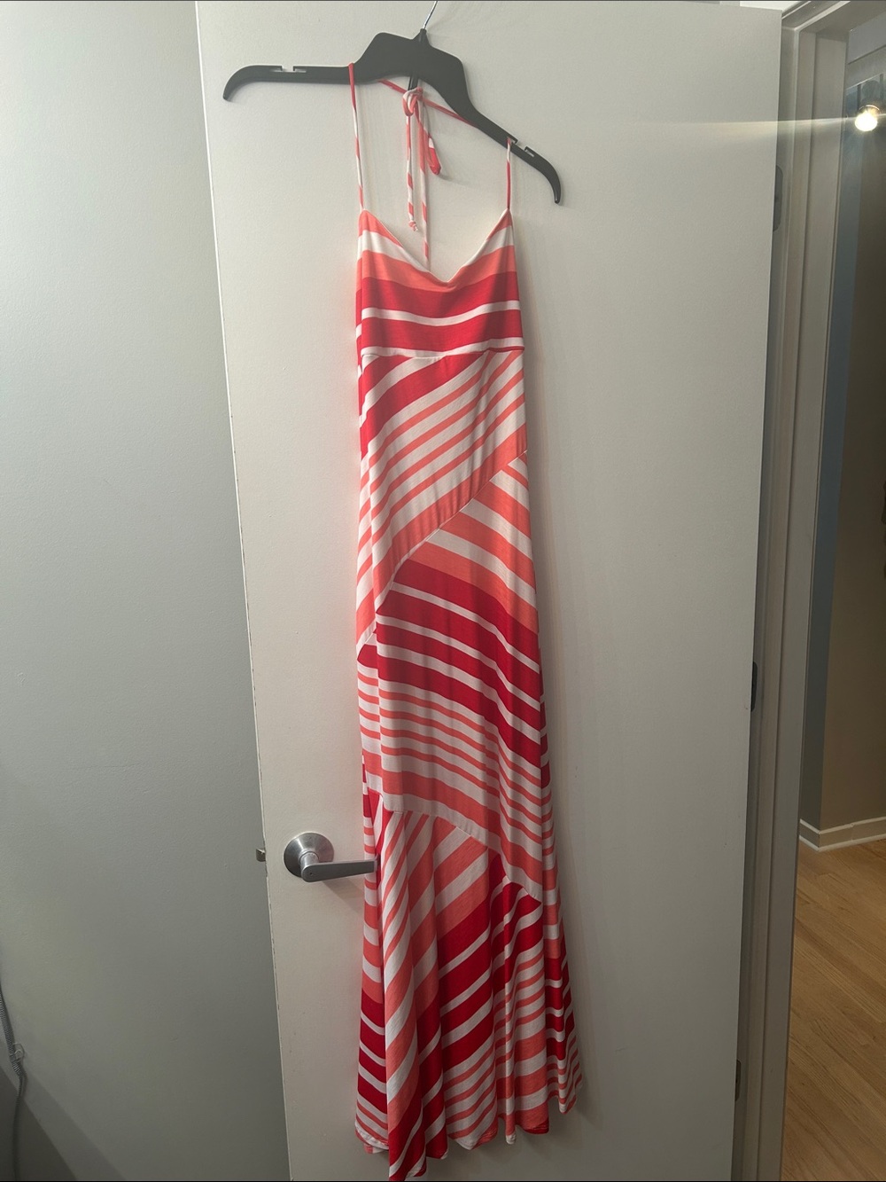 Red and Pink Striped Maxi Dress with Spaghetti Ties